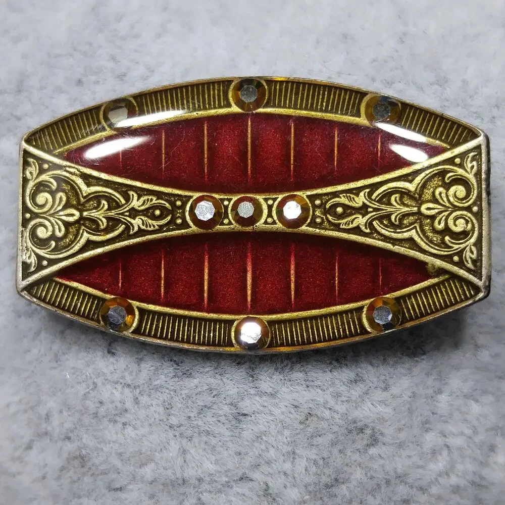 Catherine Popesco Red Enamel Art Deco Brooch, Rhinestones Under Enamel, France